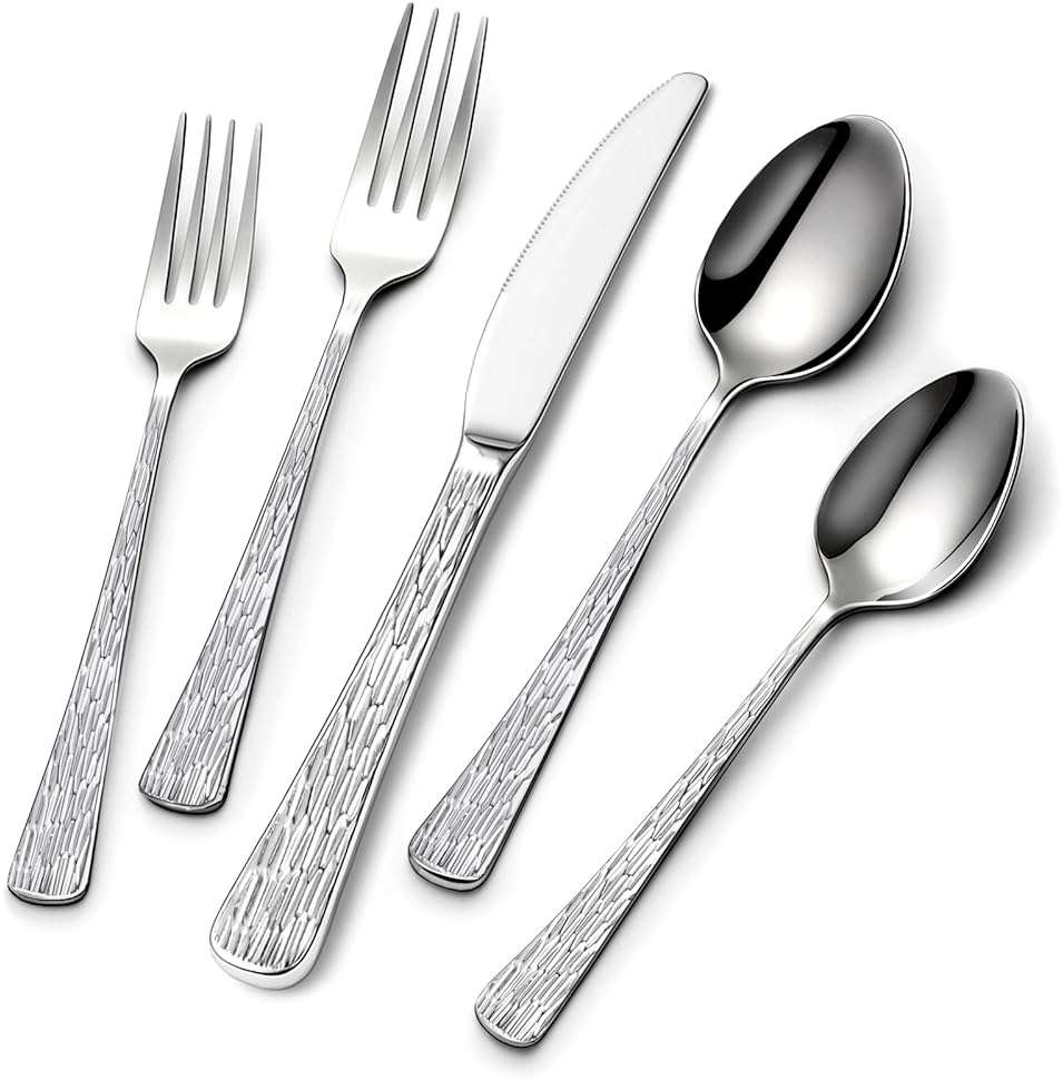 Yoehka 60-Piece Hammered Silverware Set for 12, Stainless Steel Flatware Set with Tree Pattern Handles, Mirror Polished Cutlery/Utensils Set for Home, Restaurant, Hotel, Dishwasher safe - Image 1