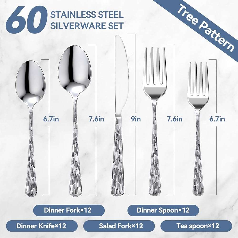 Yoehka 60-Piece Hammered Silverware Set for 12, Stainless Steel Flatware Set with Tree Pattern Handles, Mirror Polished Cutlery/Utensils Set for Home, Restaurant, Hotel, Dishwasher safe - Image 3