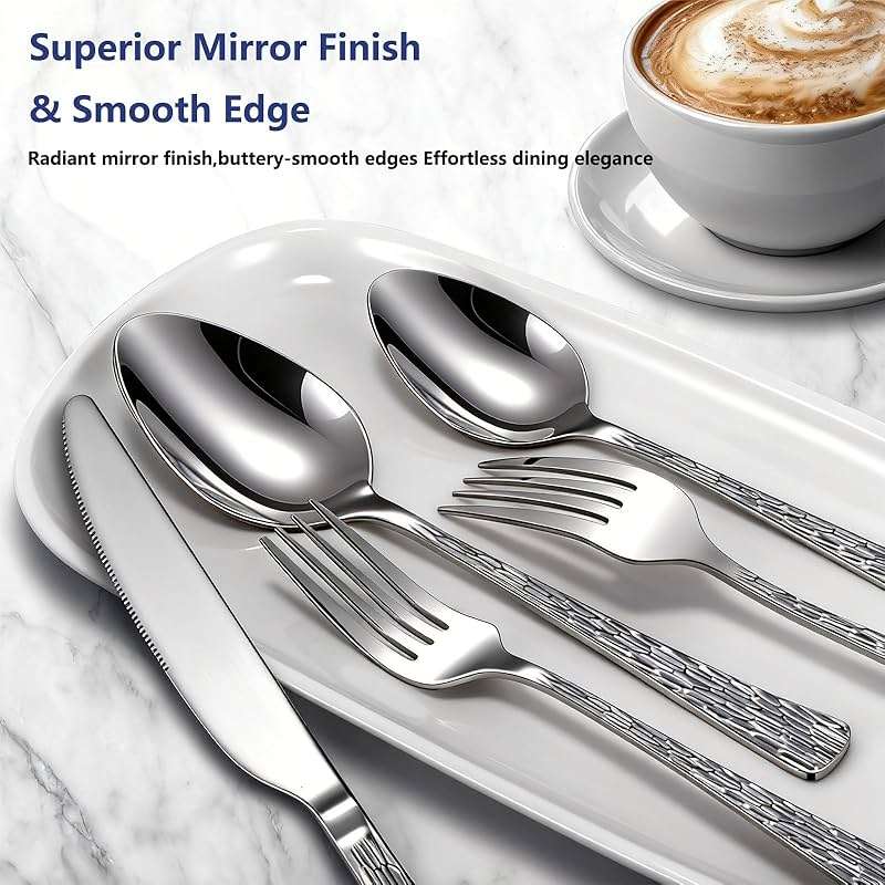Yoehka 60-Piece Hammered Silverware Set for 12, Stainless Steel Flatware Set with Tree Pattern Handles, Mirror Polished Cutlery/Utensils Set for Home, Restaurant, Hotel, Dishwasher safe - Image 4