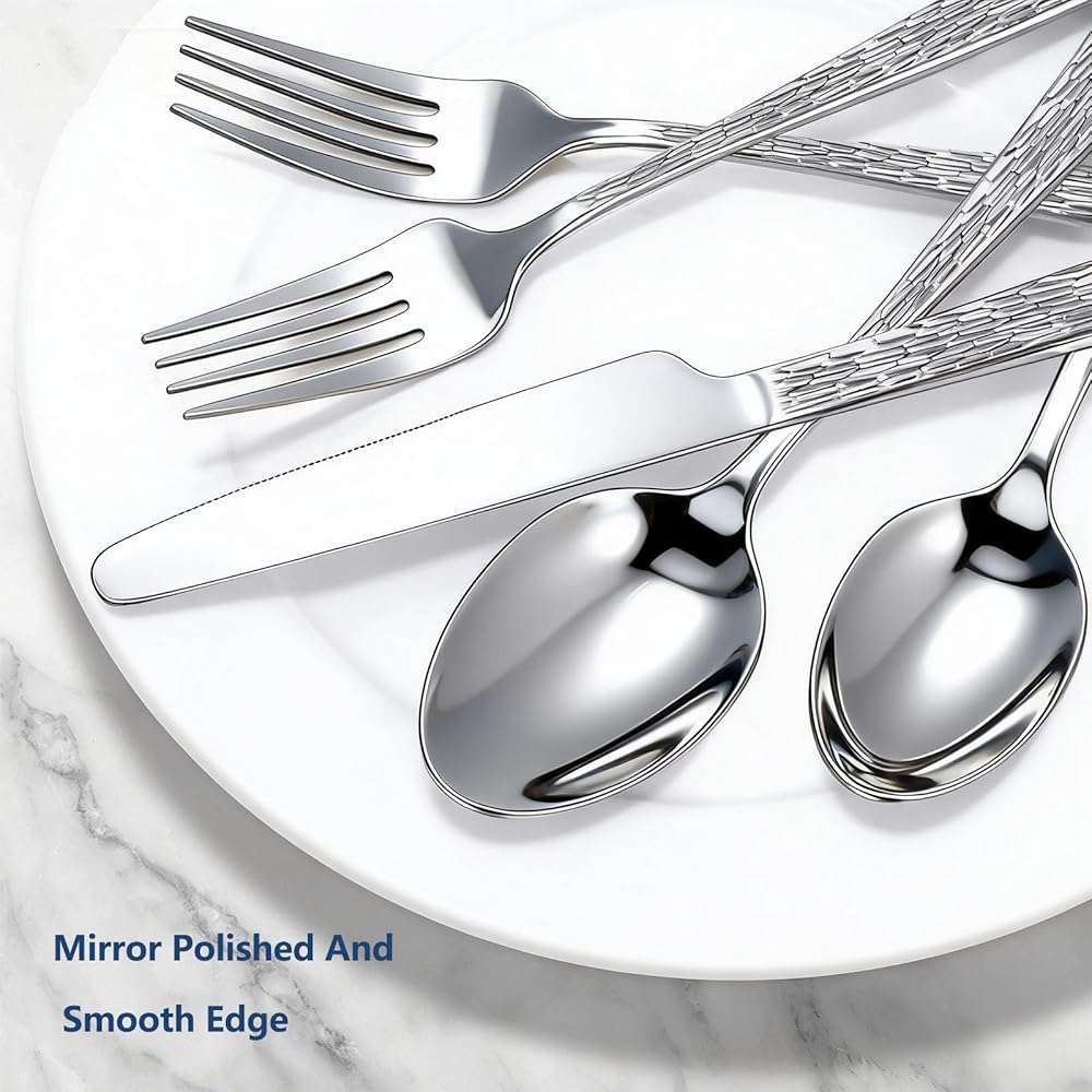 Yoehka 60-Piece Hammered Silverware Set for 12, Stainless Steel Flatware Set with Tree Pattern Handles, Mirror Polished Cutlery/Utensils Set for Home, Restaurant, Hotel, Dishwasher safe - Image 6