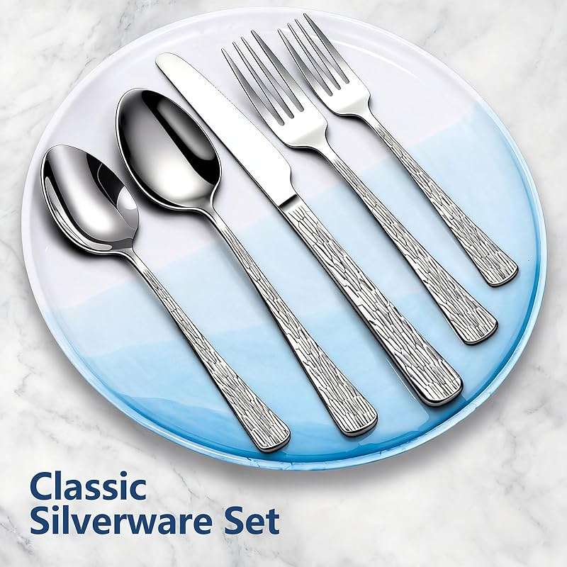 Yoehka 60-Piece Hammered Silverware Set for 12, Stainless Steel Flatware Set with Tree Pattern Handles, Mirror Polished Cutlery/Utensils Set for Home, Restaurant, Hotel, Dishwasher safe - Image 7