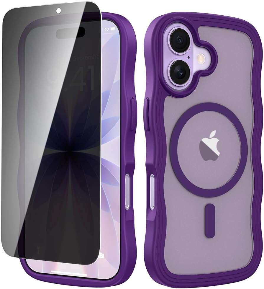 VEGO for iPhone 17 Women Case with Screen Protector[Compatible with MagSafe][Anti-Peeping]Translucent Cute Wave TPU Matte Cover Shockproof Drop Protection Magnetic Phone Case for iPhone 17 6.3"-Purple - Image 1