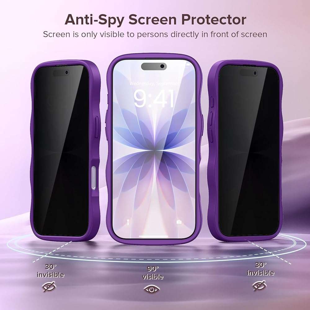 VEGO for iPhone 17 Women Case with Screen Protector[Compatible with MagSafe][Anti-Peeping]Translucent Cute Wave TPU Matte Cover Shockproof Drop Protection Magnetic Phone Case for iPhone 17 6.3"-Purple - Image 3