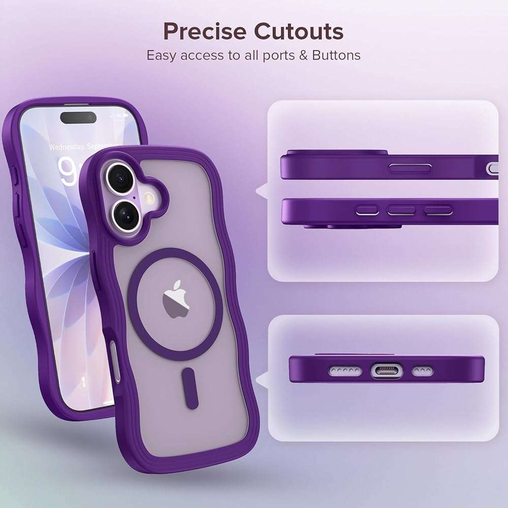 VEGO for iPhone 17 Women Case with Screen Protector[Compatible with MagSafe][Anti-Peeping]Translucent Cute Wave TPU Matte Cover Shockproof Drop Protection Magnetic Phone Case for iPhone 17 6.3"-Purple - Image 6