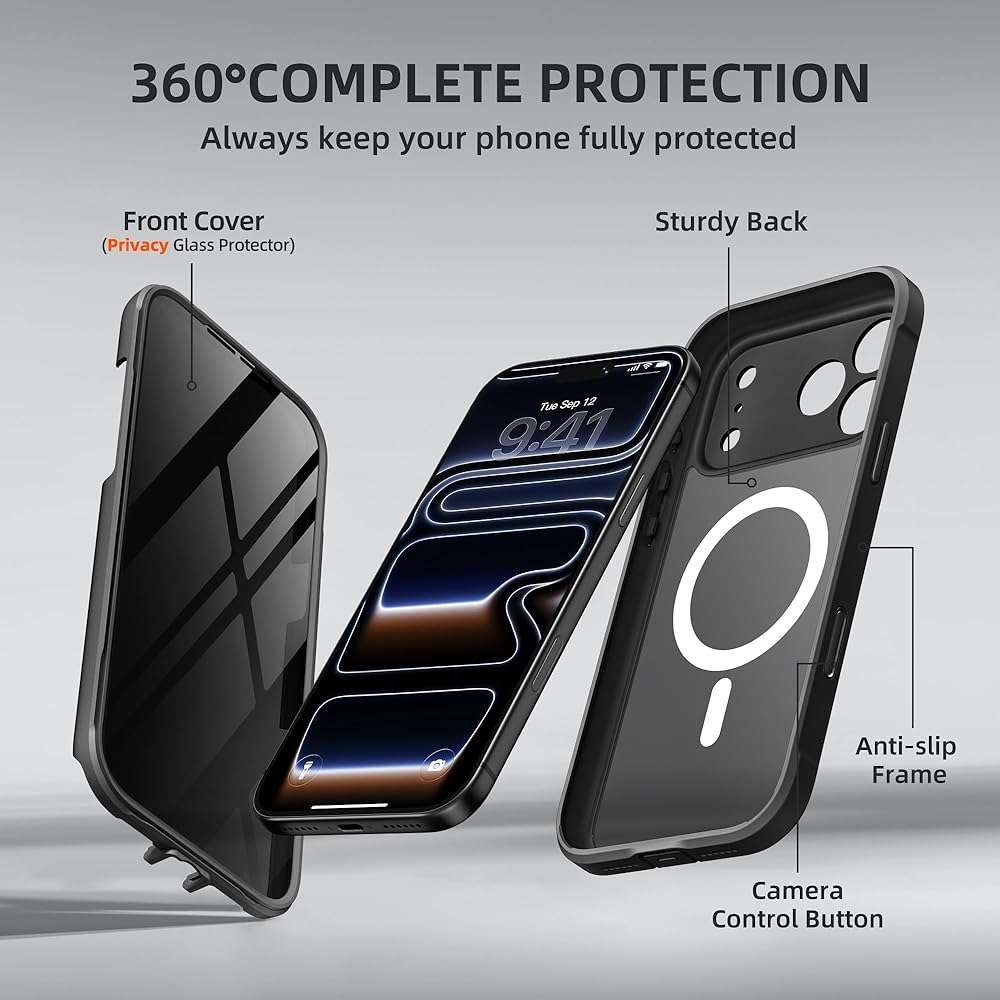 BERFY for iPhone 17 Pro Max Case, Compatible with MagSafe, Built-in Privacy Screen Protector, Camera Protection, Shockproof Full Body Phone Case 6.9", Translucent Black - Image 9