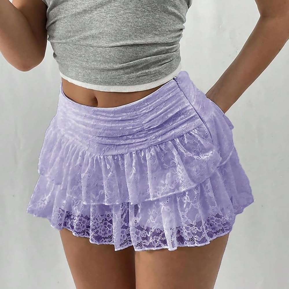 FOMOYUU Y2K Lace Tiered Mini Skirt for Women Ruffled Pleated Half Slip Low Rise Flowy Short Skirts Underskirt - Image 2