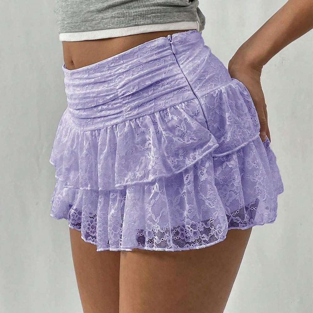 FOMOYUU Y2K Lace Tiered Mini Skirt for Women Ruffled Pleated Half Slip Low Rise Flowy Short Skirts Underskirt - Image 3
