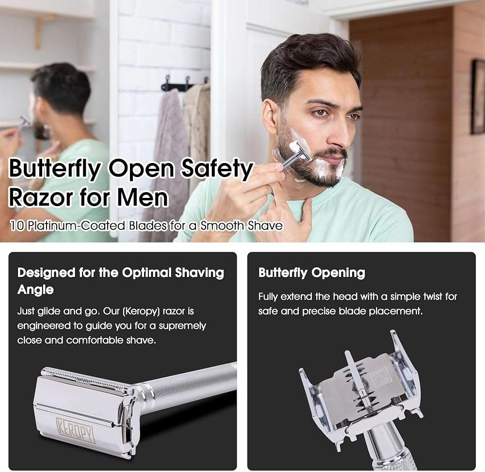Double Edge Safety Razor with 10 Disposable Blades - Single blade double edge razor for men - Metal razor with Long Handle for close shave - Classic Clean Shave Single blade razor - Image 9