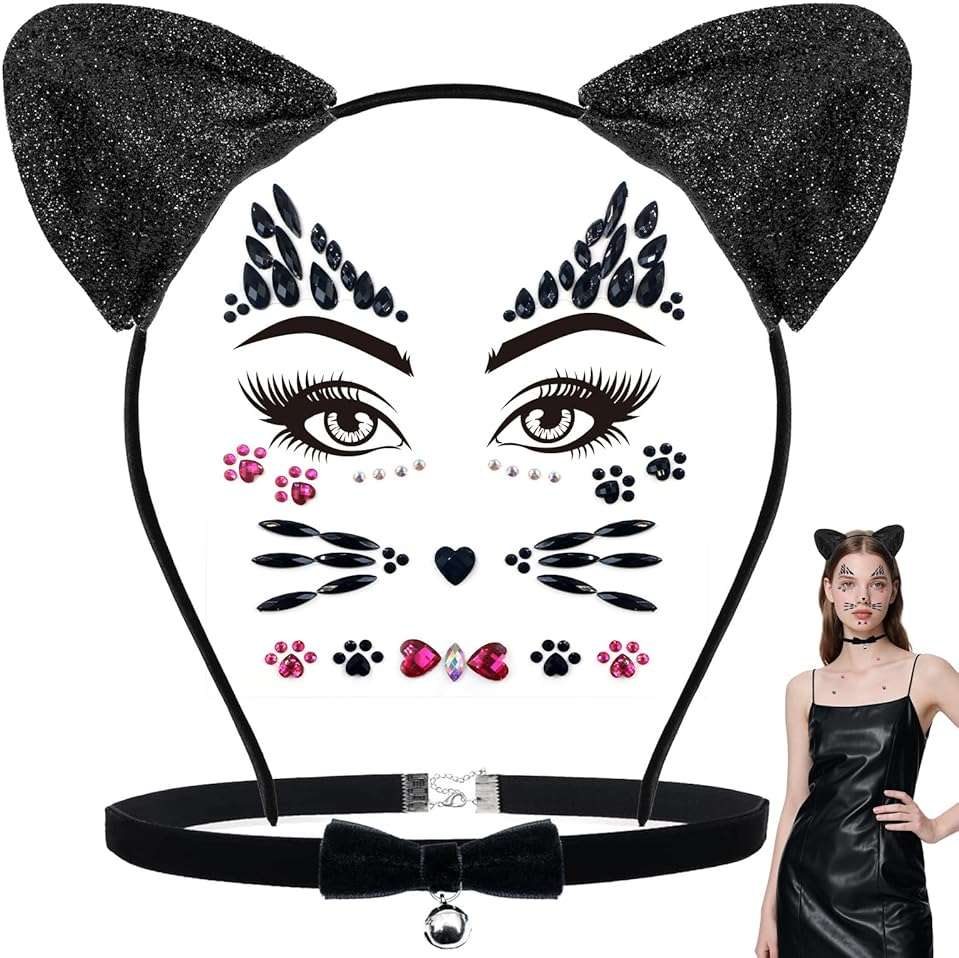 Dokeawo Black Cat Ears Headband, Bell Choker & Face Stickers - Black Cat Costume Outfit Woman Adult Women, Halloween Dress Up & Cosplay Party Accessories - Image 1