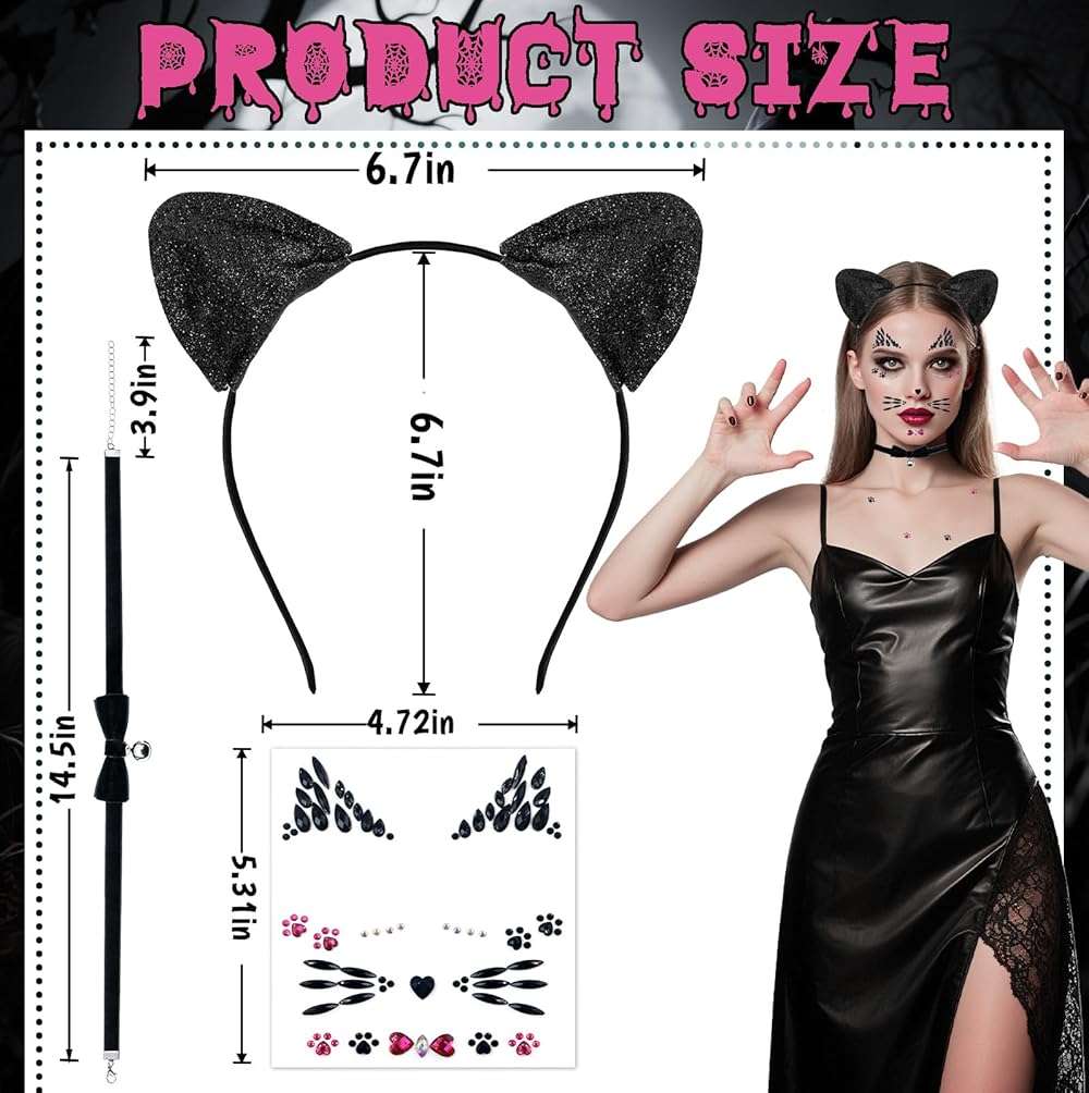 Dokeawo Black Cat Ears Headband, Bell Choker & Face Stickers - Black Cat Costume Outfit Woman Adult Women, Halloween Dress Up & Cosplay Party Accessories - Image 2