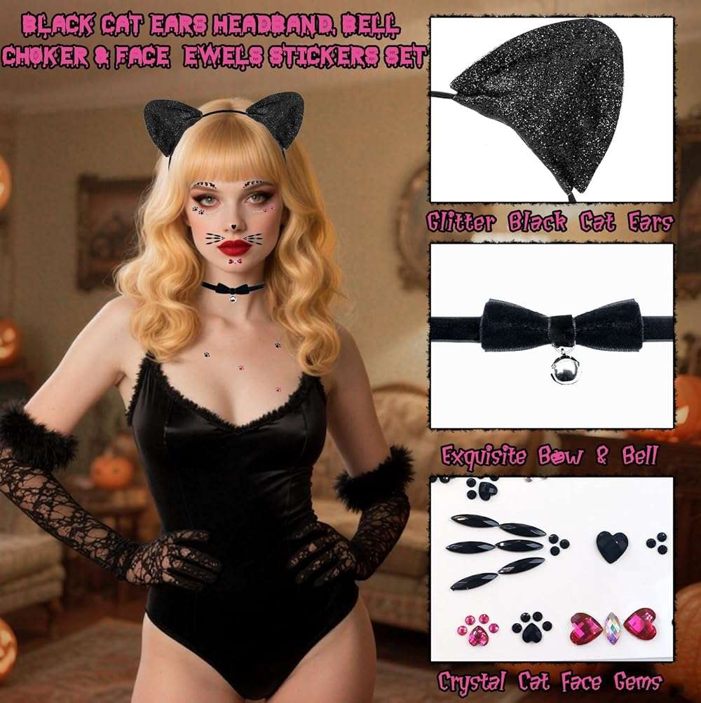 Dokeawo Black Cat Ears Headband, Bell Choker & Face Stickers - Black Cat Costume Outfit Woman Adult Women, Halloween Dress Up & Cosplay Party Accessories - Image 3