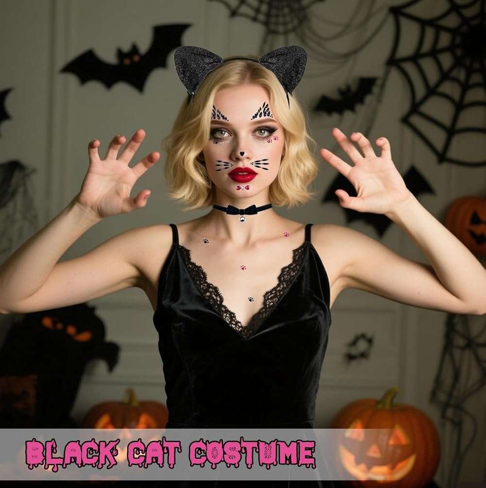 Dokeawo Black Cat Ears Headband, Bell Choker & Face Stickers - Black Cat Costume Outfit Woman Adult Women, Halloween Dress Up & Cosplay Party Accessories - Image 4