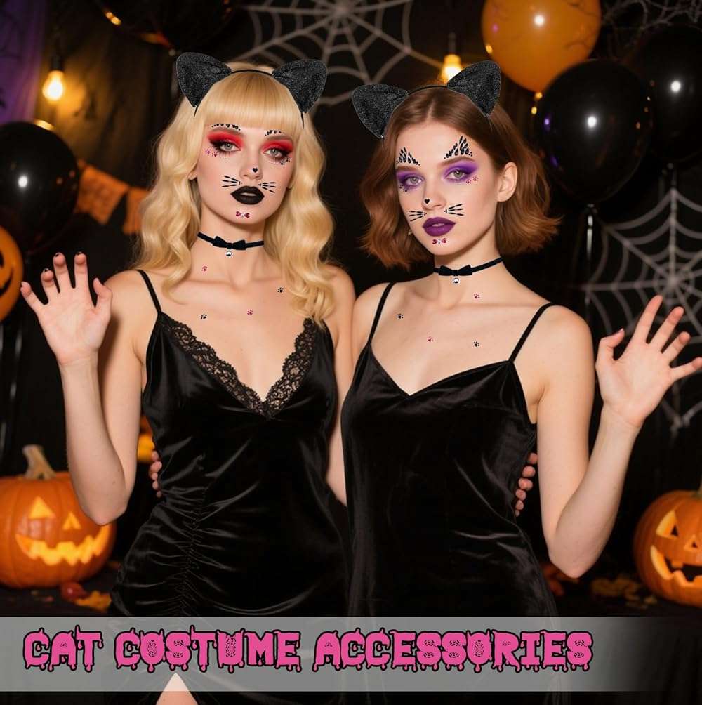 Dokeawo Black Cat Ears Headband, Bell Choker & Face Stickers - Black Cat Costume Outfit Woman Adult Women, Halloween Dress Up & Cosplay Party Accessories - Image 5
