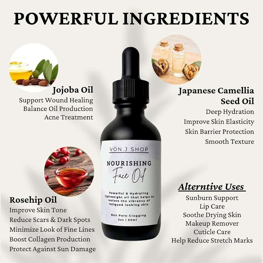 Vonj Dry Oil for Face - Jojoba, Rosehip & Japanese Camellia Seed Oil, Hydration Moisturizer, PeriMeno, MenoPause Skin Support, All Skin Types Non-Comedegenic Acne Care Vegan Skincare 2oz GIFT WRAPPED - Image 3