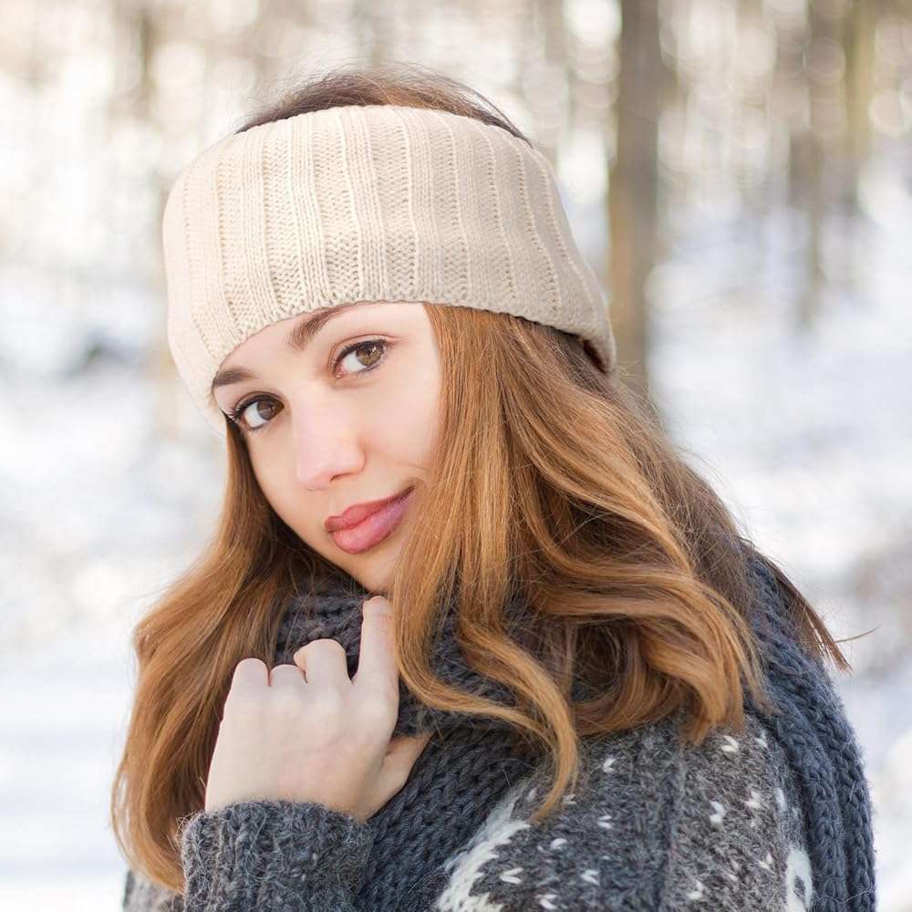 AQOKKA Knit Winter Headbands for Women Fuzzy Wool Fleece Lined Ear Warmers Elastic Turban Crocheted Head Wrap Winter Accessories for Women Cold Weather - Image 7