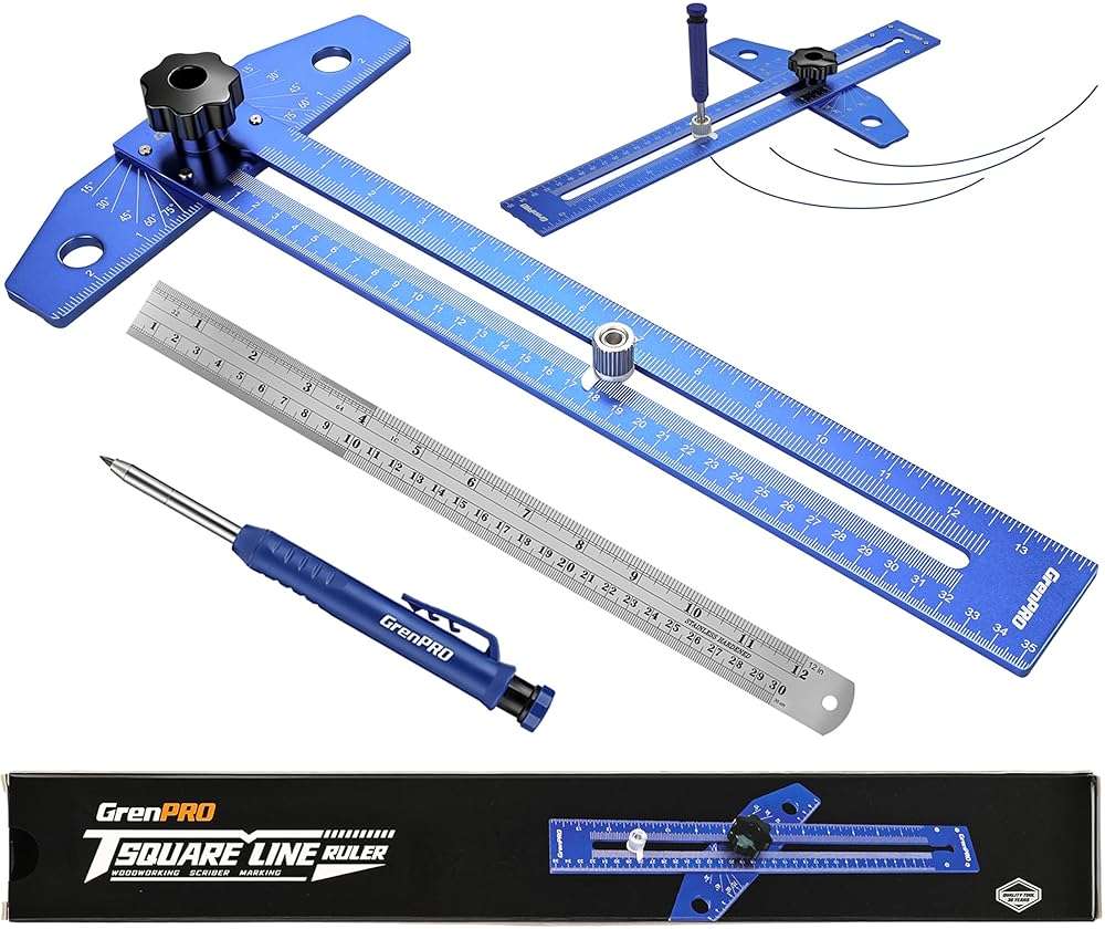 GRENPRO Woodworking Scriber Marking Line Ruler with Carpenter Pencil & Metal Ruler, Adjustable Aluminum Alloy Sliding T-Square Ruler, Measuring Angle Finder with Adjustment Scale,Drawing Aid Rule tool - Image 1