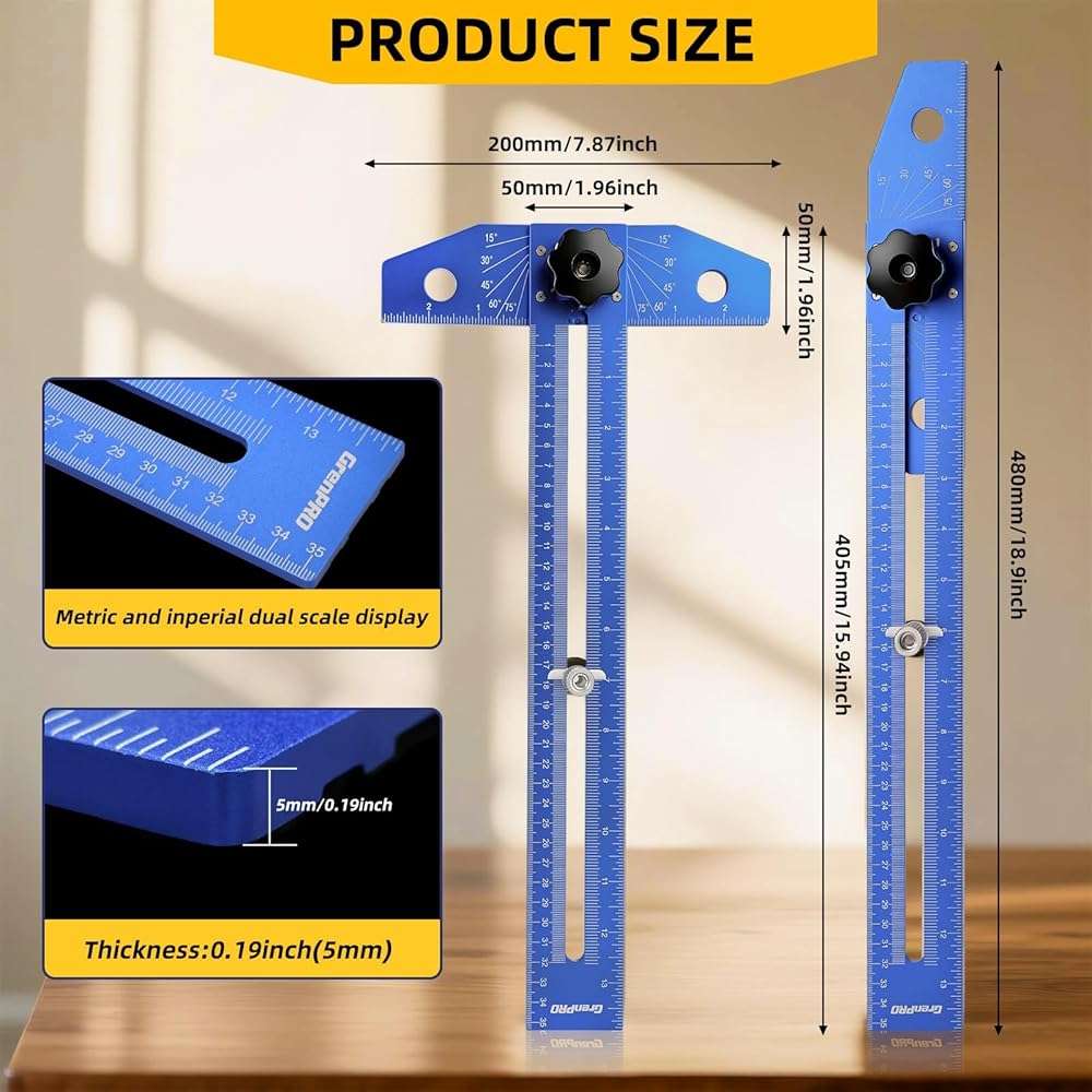 GRENPRO Woodworking Scriber Marking Line Ruler with Carpenter Pencil & Metal Ruler, Adjustable Aluminum Alloy Sliding T-Square Ruler, Measuring Angle Finder with Adjustment Scale,Drawing Aid Rule tool - Image 2