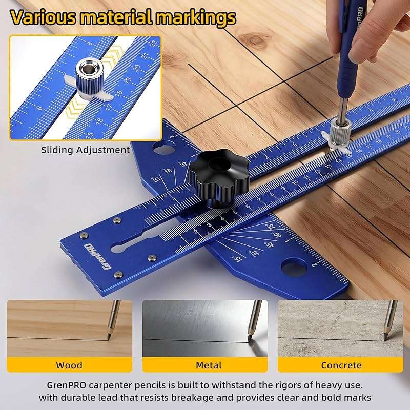 GRENPRO Woodworking Scriber Marking Line Ruler with Carpenter Pencil & Metal Ruler, Adjustable Aluminum Alloy Sliding T-Square Ruler, Measuring Angle Finder with Adjustment Scale,Drawing Aid Rule tool - Image 4