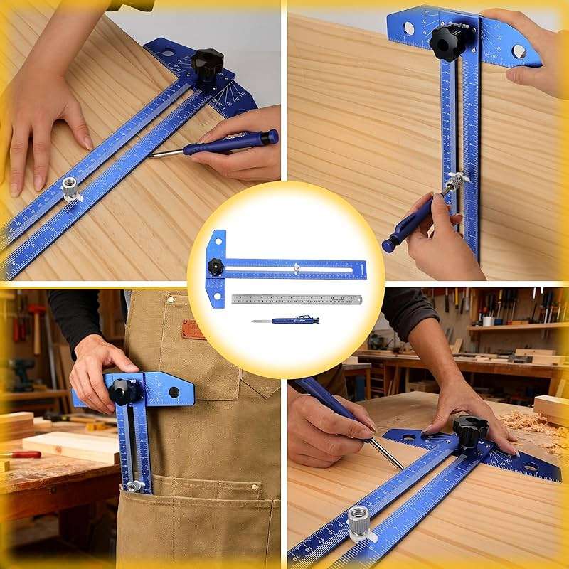 GRENPRO Woodworking Scriber Marking Line Ruler with Carpenter Pencil & Metal Ruler, Adjustable Aluminum Alloy Sliding T-Square Ruler, Measuring Angle Finder with Adjustment Scale,Drawing Aid Rule tool - Image 6