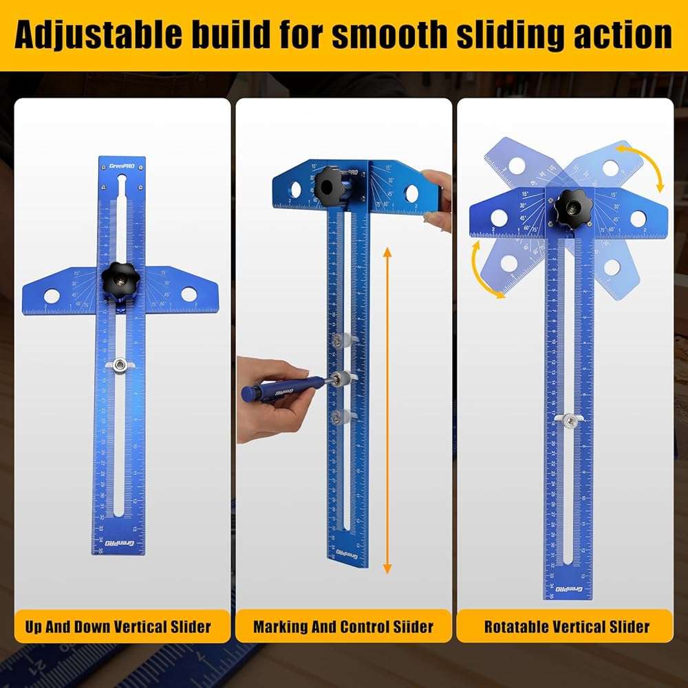 GRENPRO Woodworking Scriber Marking Line Ruler with Carpenter Pencil & Metal Ruler, Adjustable Aluminum Alloy Sliding T-Square Ruler, Measuring Angle Finder with Adjustment Scale,Drawing Aid Rule tool - Image 7