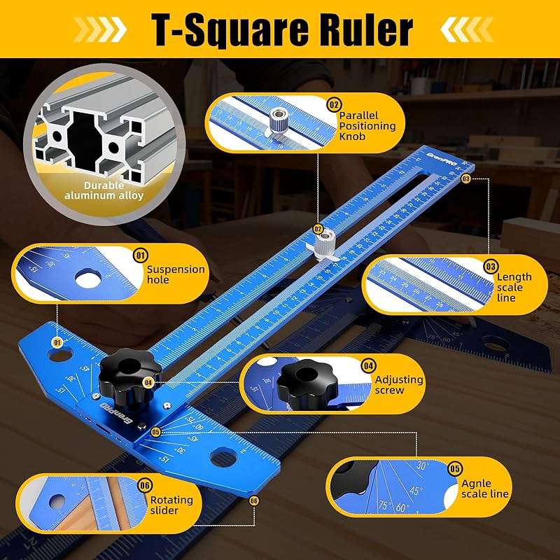 GRENPRO Woodworking Scriber Marking Line Ruler with Carpenter Pencil & Metal Ruler, Adjustable Aluminum Alloy Sliding T-Square Ruler, Measuring Angle Finder with Adjustment Scale,Drawing Aid Rule tool - Image 8