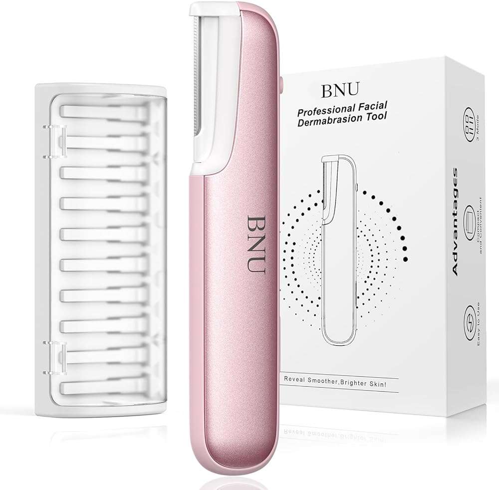 Dermaplane Razor for Women Face, BNU Facial Hair Remover for Anti-Aging, Rechargeable, LED Light, Sonic Edges, 3 Speeds, Ergonomic Handle Face Dermaplaning Tool 10 Blades Pink - Image 1