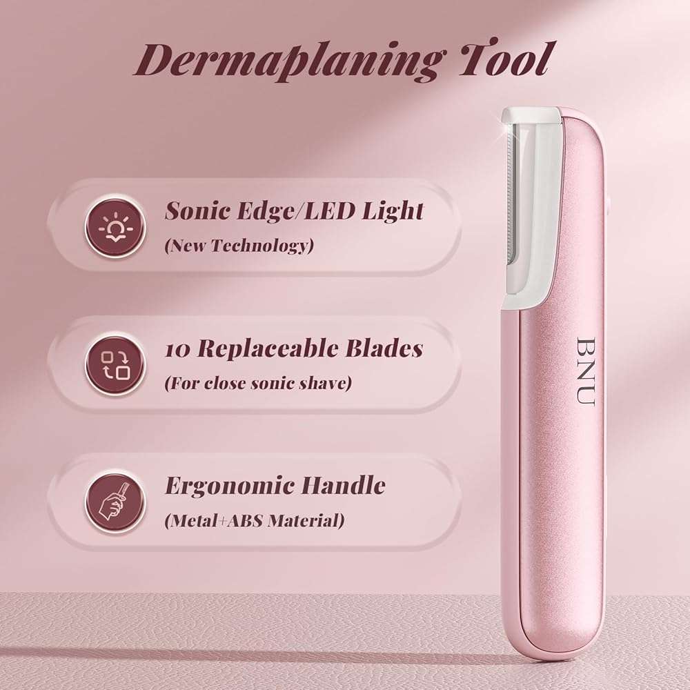 Dermaplane Razor for Women Face, BNU Facial Hair Remover for Anti-Aging, Rechargeable, LED Light, Sonic Edges, 3 Speeds, Ergonomic Handle Face Dermaplaning Tool 10 Blades Pink - Image 2