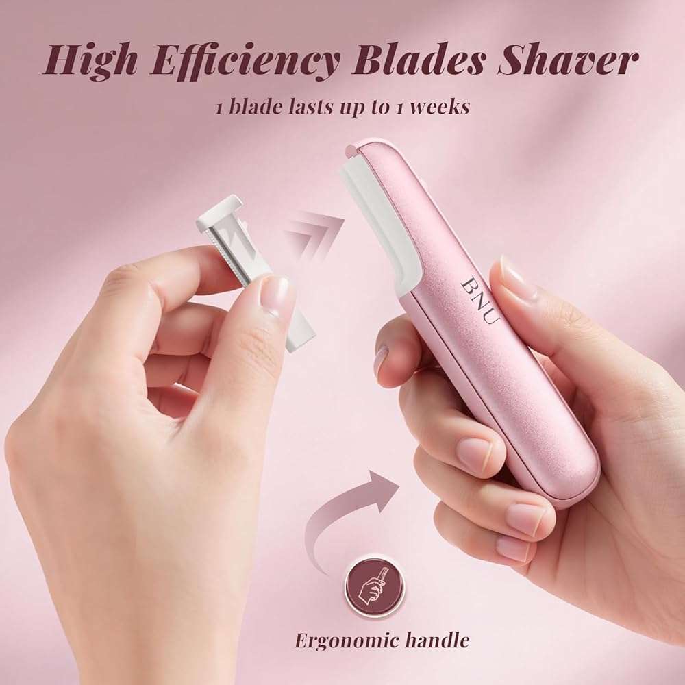 Dermaplane Razor for Women Face, BNU Facial Hair Remover for Anti-Aging, Rechargeable, LED Light, Sonic Edges, 3 Speeds, Ergonomic Handle Face Dermaplaning Tool 10 Blades Pink - Image 4