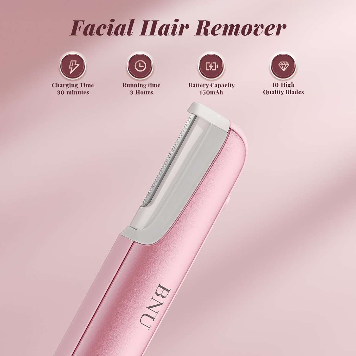 Dermaplane Razor for Women Face, BNU Facial Hair Remover for Anti-Aging, Rechargeable, LED Light, Sonic Edges, 3 Speeds, Ergonomic Handle Face Dermaplaning Tool 10 Blades Pink - Image 5