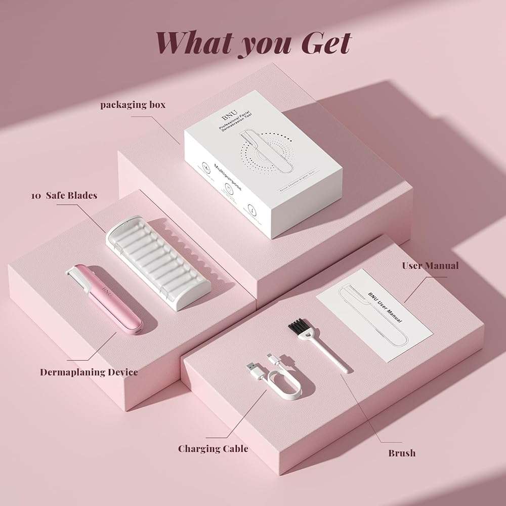 Dermaplane Razor for Women Face, BNU Facial Hair Remover for Anti-Aging, Rechargeable, LED Light, Sonic Edges, 3 Speeds, Ergonomic Handle Face Dermaplaning Tool 10 Blades Pink - Image 8