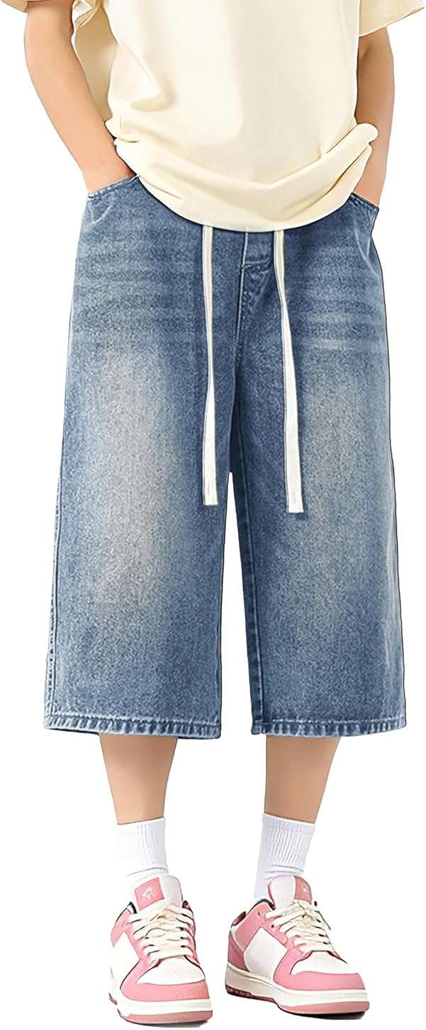 ZUNQKG Womens Jorts Y2k Baggy Jean Shorts Drawstring Wide Leg Vintage Denim Half Pants with Pockets - Image 1