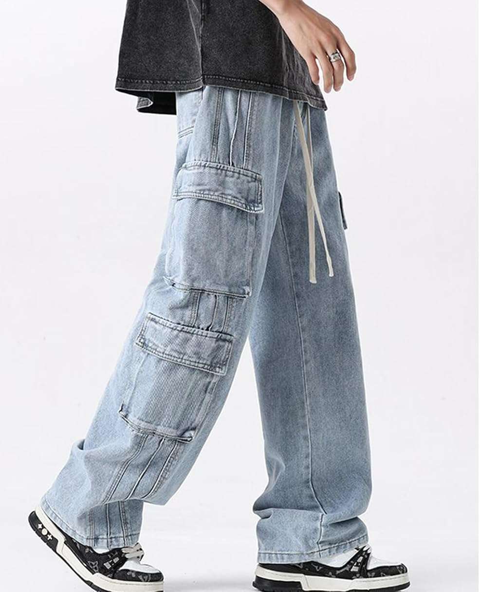 ZUNQKG Womens Y2k Baggy Cargo Jeans Drawstring Elastic Waist Wide Leg Denim with Multi Pockets - Image 3