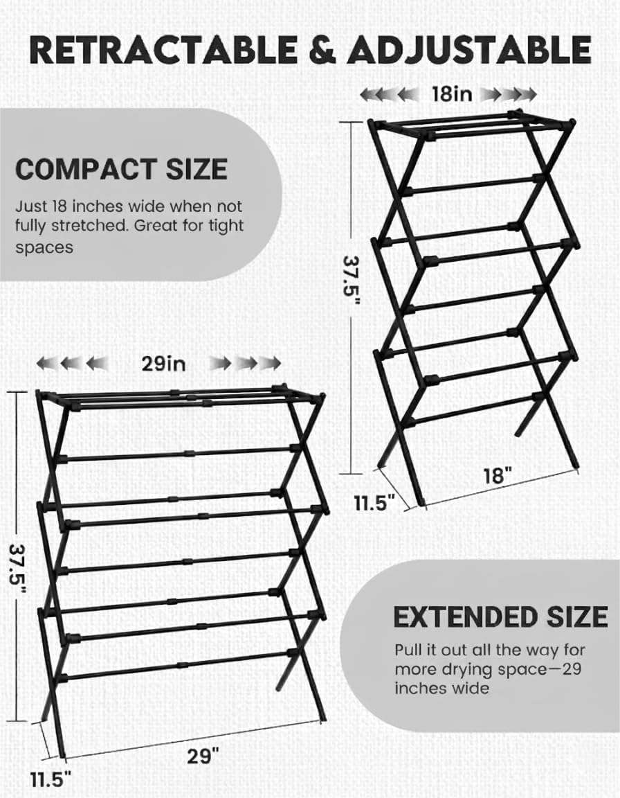 UNICCA 3-Tier Metal Folding Clothes Drying Rack, Laundry Drying Rack Clothing | Collapsible Dryer Racks for Laundry | Indoor & Outdoor,Black - Image 2