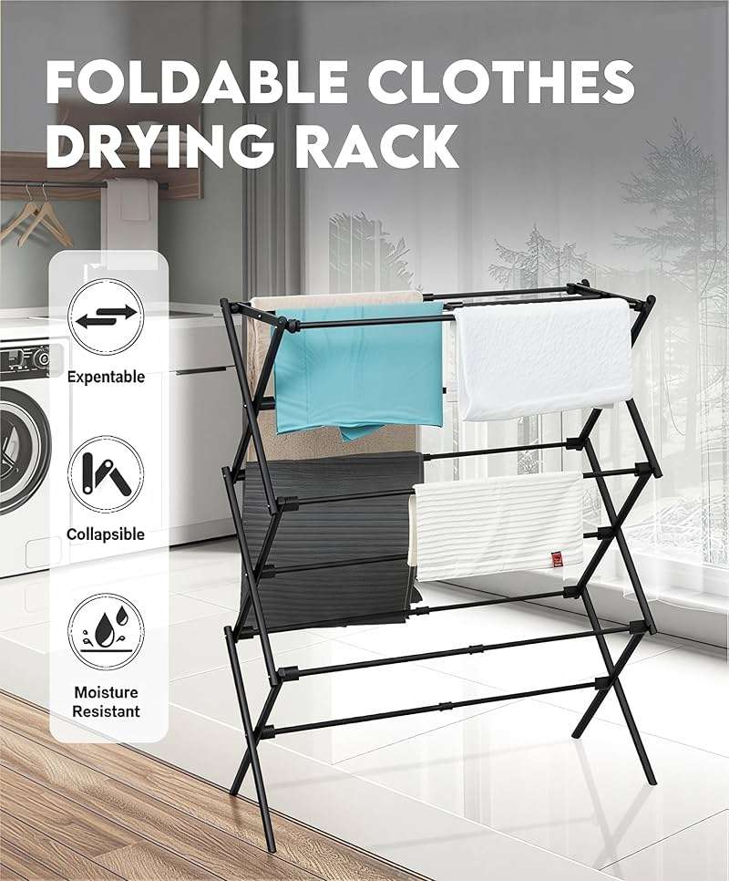 UNICCA 3-Tier Metal Folding Clothes Drying Rack, Laundry Drying Rack Clothing | Collapsible Dryer Racks for Laundry | Indoor & Outdoor,Black - Image 3