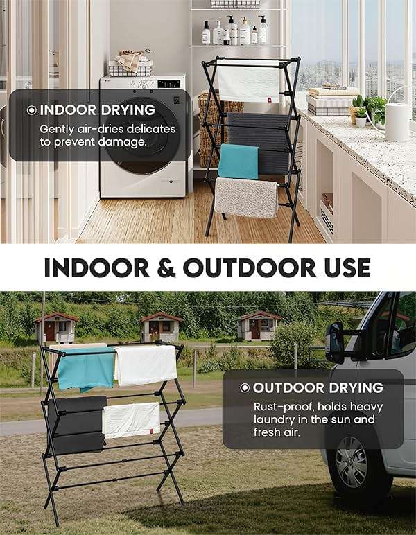 UNICCA 3-Tier Metal Folding Clothes Drying Rack, Laundry Drying Rack Clothing | Collapsible Dryer Racks for Laundry | Indoor & Outdoor,Black - Image 4