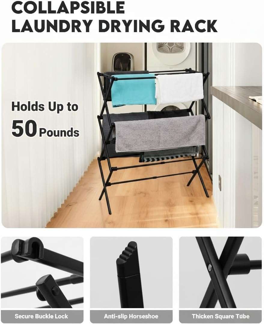 UNICCA 3-Tier Metal Folding Clothes Drying Rack, Laundry Drying Rack Clothing | Collapsible Dryer Racks for Laundry | Indoor & Outdoor,Black - Image 5