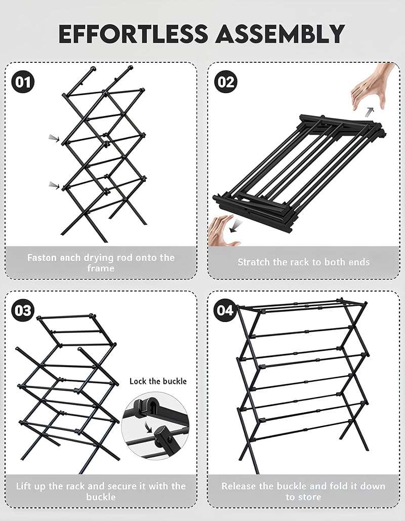 UNICCA 3-Tier Metal Folding Clothes Drying Rack, Laundry Drying Rack Clothing | Collapsible Dryer Racks for Laundry | Indoor & Outdoor,Black - Image 7