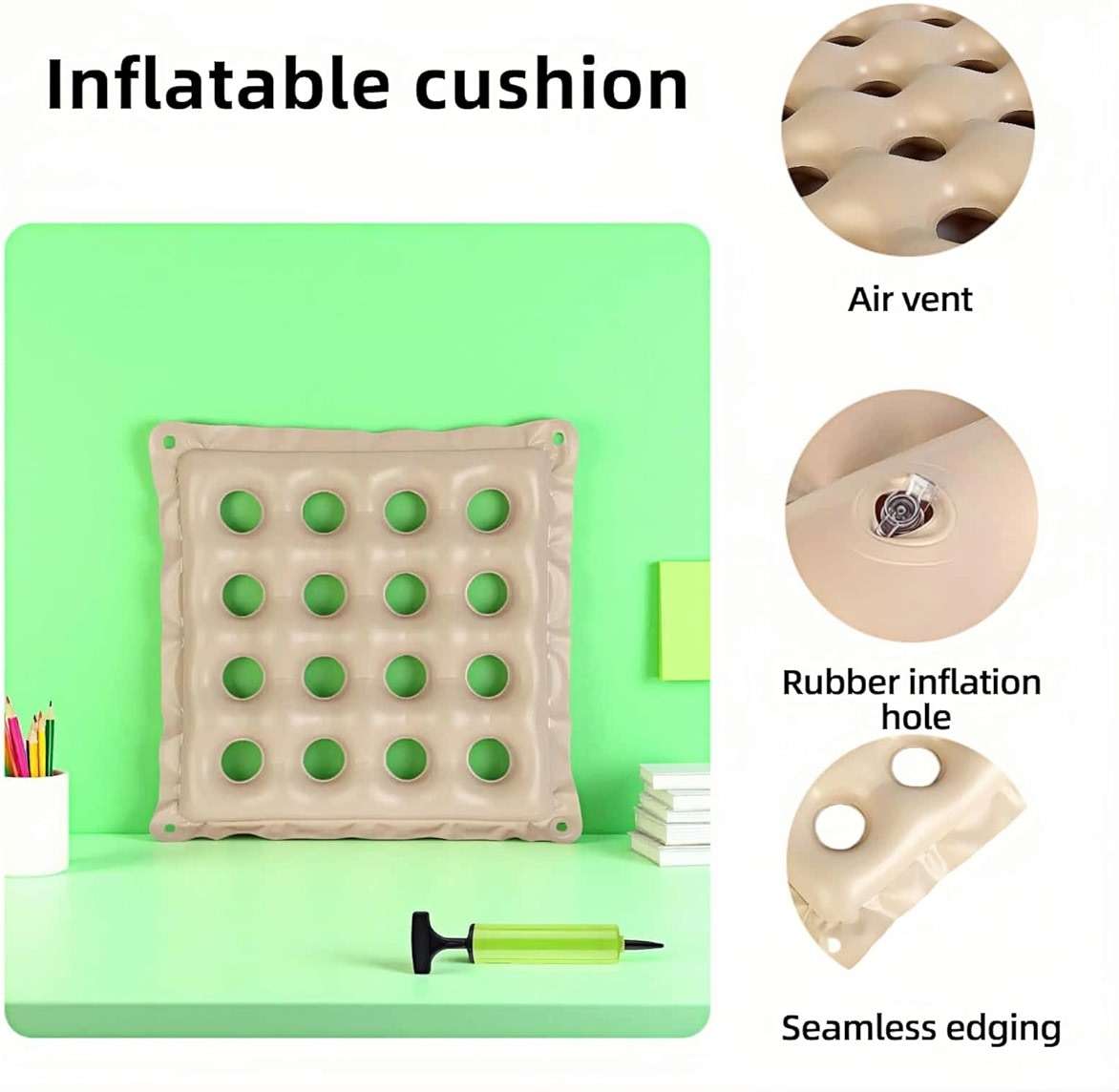 Medical Grade Wheelchair Cushion for Pressure Sores - Breathable Air Pad,Beige PVC Air Seat Pad,Pressure Relief Donut Design, Ventilated Holes,Donut Hole Design w/Hand Pump (17x17in) (Beige) - Image 3