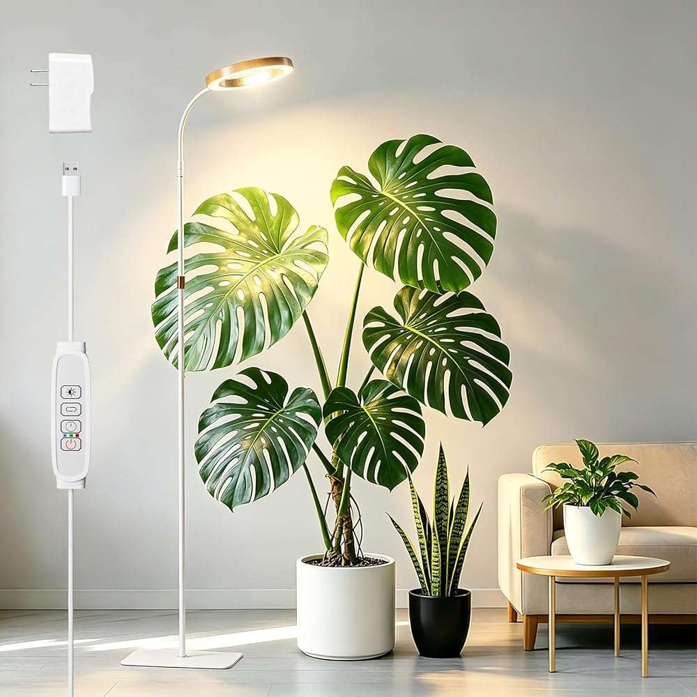 SDOVUERC Full Spectrum Grow Light with Stand for Indoor Plants, Floor Plant Light, 6/12/18H Timer, 3 Color Modes, Adjustable Height 16.5–68in, for Large Plants & Home Décor(1 Head,Faux Wood Grain) - Image 1