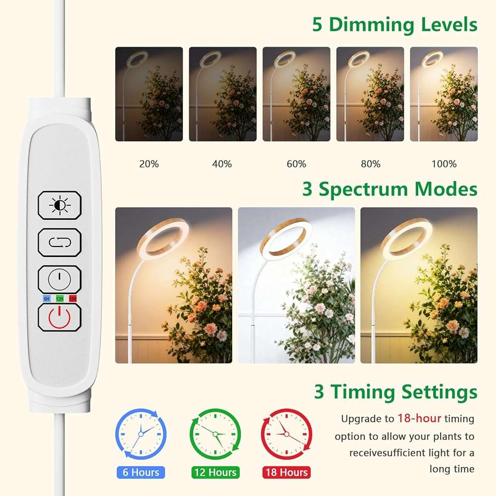 SDOVUERC Full Spectrum Grow Light with Stand for Indoor Plants, Floor Plant Light, 6/12/18H Timer, 3 Color Modes, Adjustable Height 16.5–68in, for Large Plants & Home Décor(1 Head,Faux Wood Grain) - Image 5