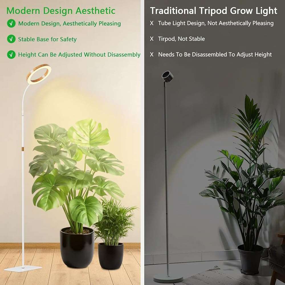 SDOVUERC Full Spectrum Grow Light with Stand for Indoor Plants, Floor Plant Light, 6/12/18H Timer, 3 Color Modes, Adjustable Height 16.5–68in, for Large Plants & Home Décor(1 Head,Faux Wood Grain) - Image 6