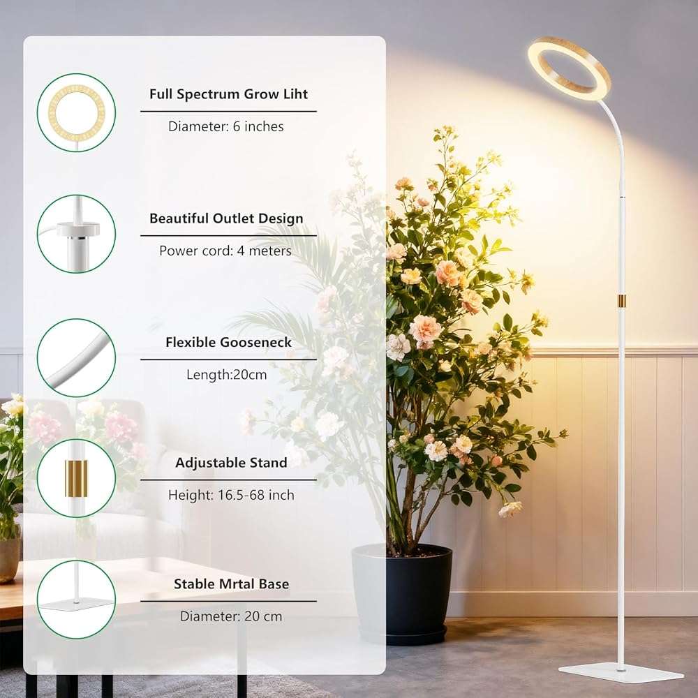 SDOVUERC Full Spectrum Grow Light with Stand for Indoor Plants, Floor Plant Light, 6/12/18H Timer, 3 Color Modes, Adjustable Height 16.5–68in, for Large Plants & Home Décor(1 Head,Faux Wood Grain) - Image 7