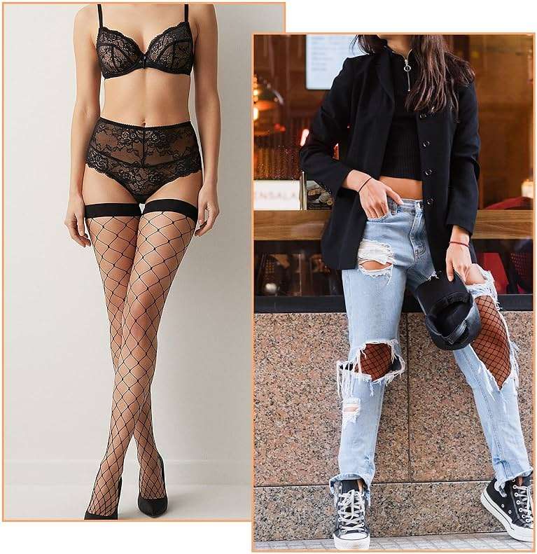 Prasacco 4 Pairs Black Thigh, High Fishnet Stockings for Women, Knee Fishnets with Lace Top, Plus Size High Waist Tights - Image 2