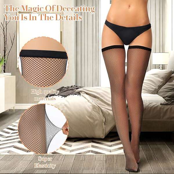 Prasacco 4 Pairs Black Thigh, High Fishnet Stockings for Women, Knee Fishnets with Lace Top, Plus Size High Waist Tights - Image 3