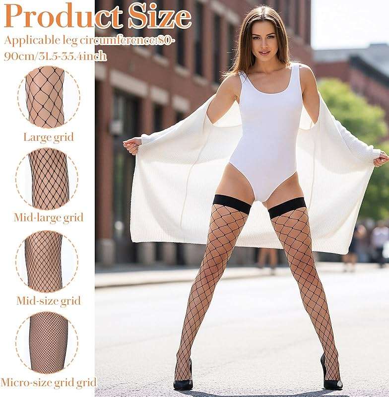 Prasacco 4 Pairs Black Thigh, High Fishnet Stockings for Women, Knee Fishnets with Lace Top, Plus Size High Waist Tights - Image 4