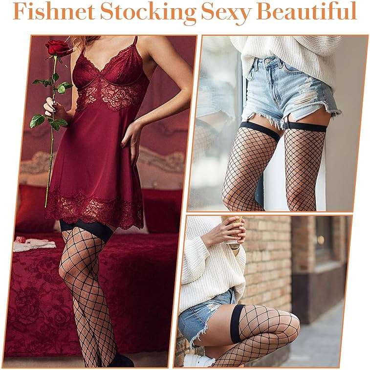 Prasacco 4 Pairs Black Thigh, High Fishnet Stockings for Women, Knee Fishnets with Lace Top, Plus Size High Waist Tights - Image 6