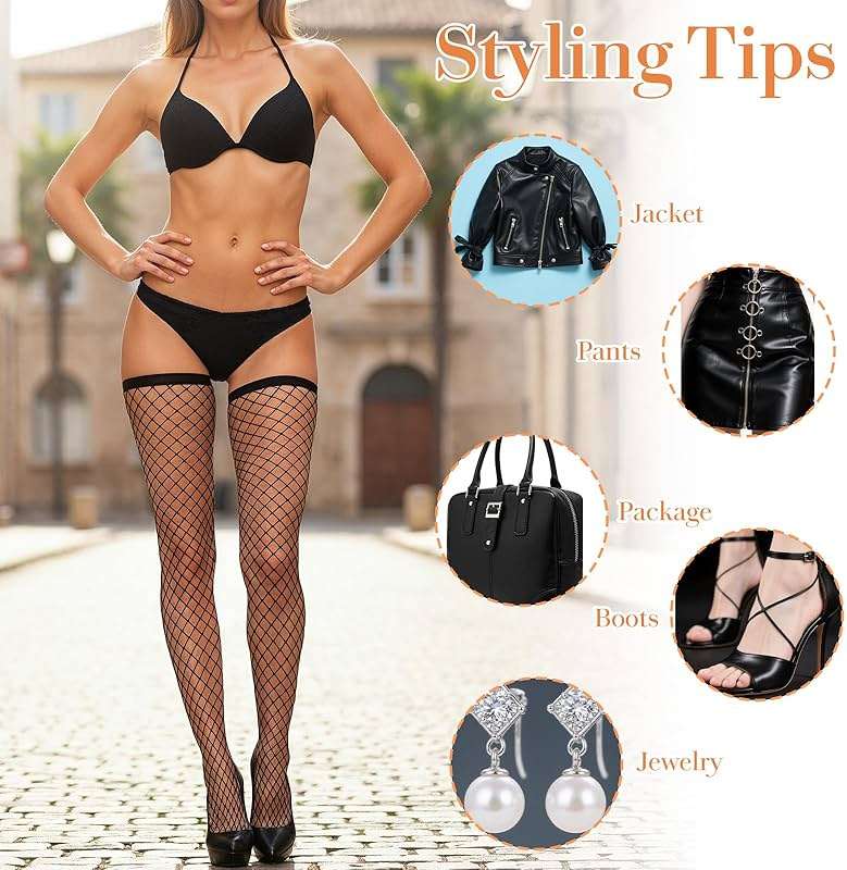 Prasacco 4 Pairs Black Thigh, High Fishnet Stockings for Women, Knee Fishnets with Lace Top, Plus Size High Waist Tights - Image 7