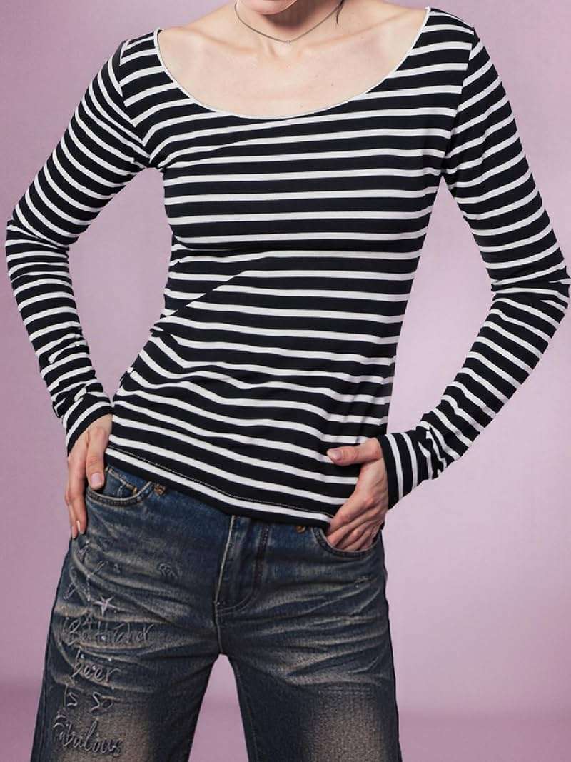 EMMIOL Off The Shoulder Tops for Women Striped Long Sleeve Shirts Going Out Top Y2k Fall Clothes - Image 3