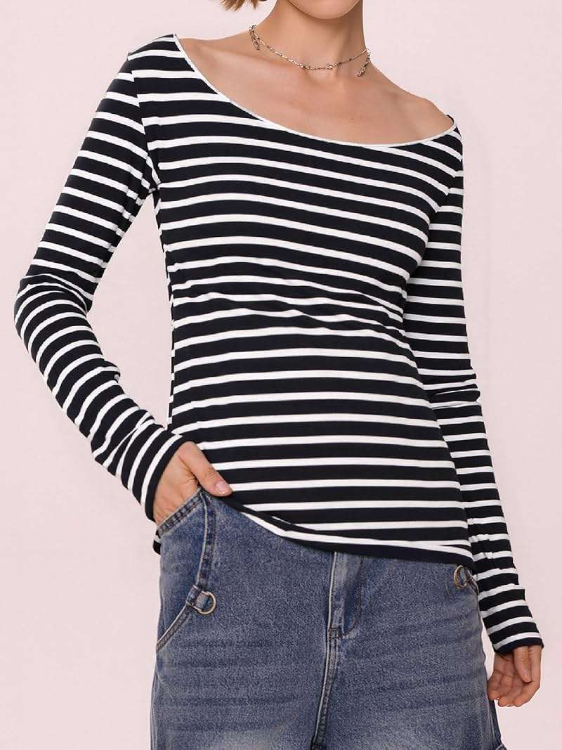 EMMIOL Off The Shoulder Tops for Women Striped Long Sleeve Shirts Going Out Top Y2k Fall Clothes - Image 4