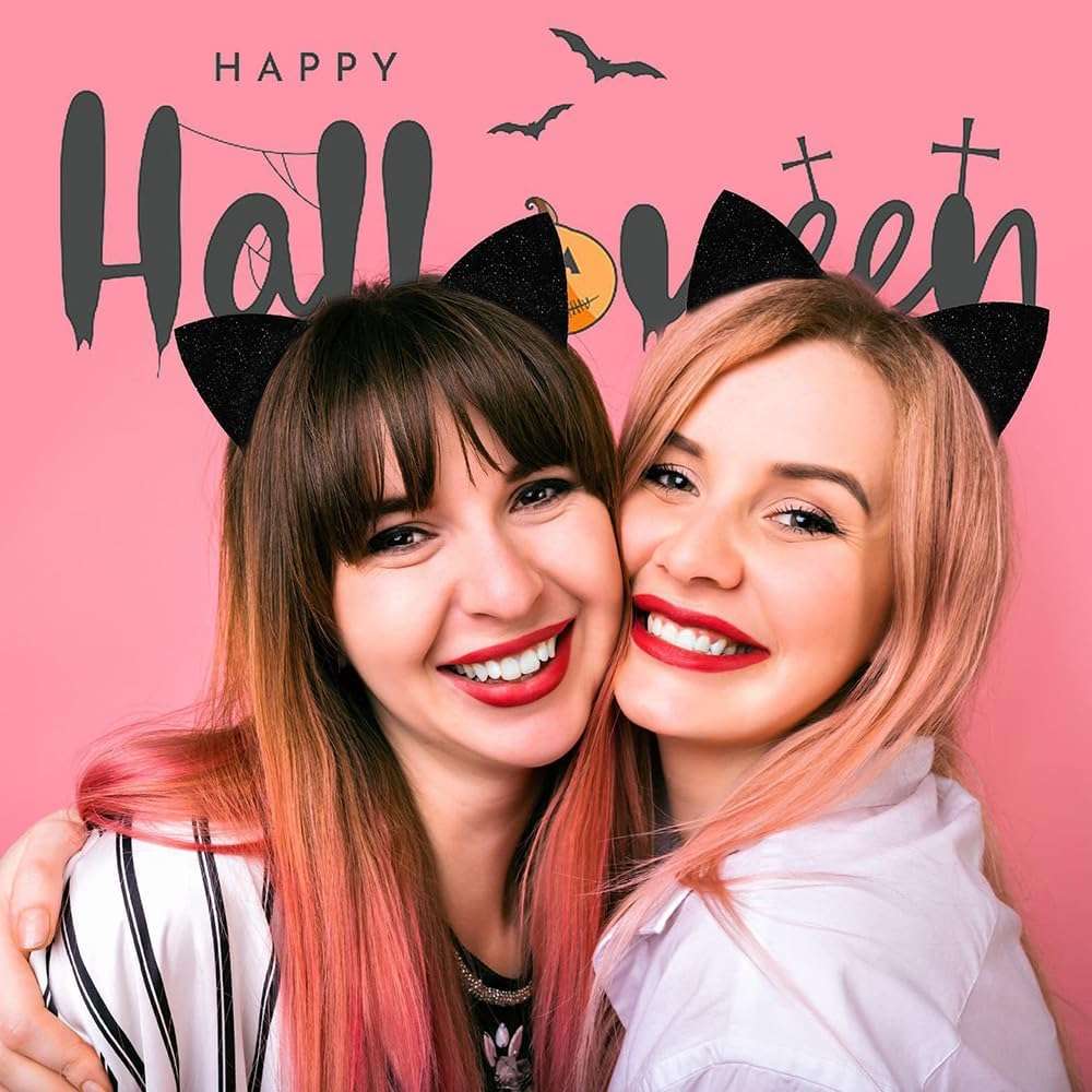 CHILTINA Black Cat Ears Headband Glitter Cat Ears Hairband for Halloween Cosplay Party Favors - Image 2